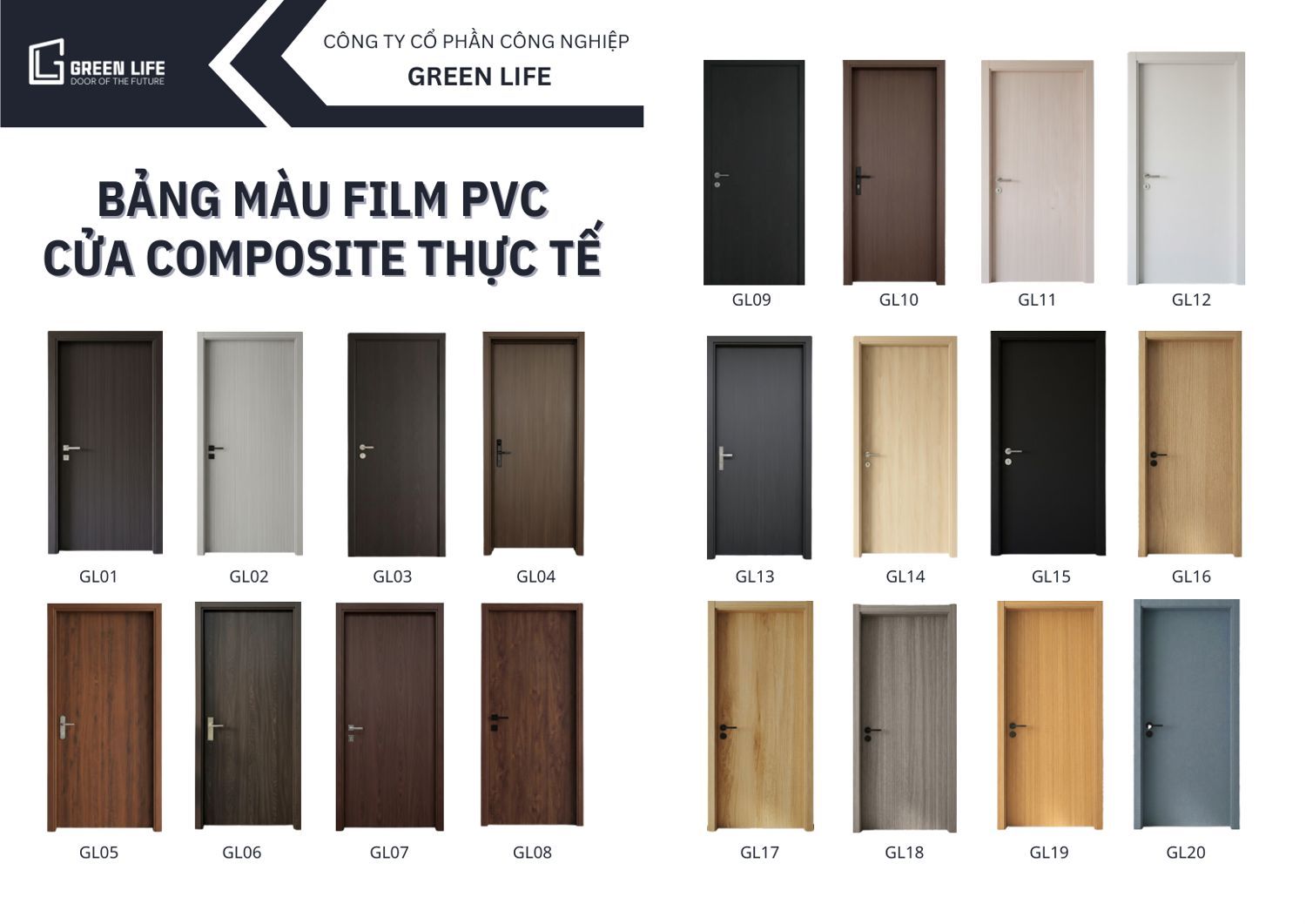 Bảng màu film PVC GL01–GL20 trên cửa thực tế của Green Life