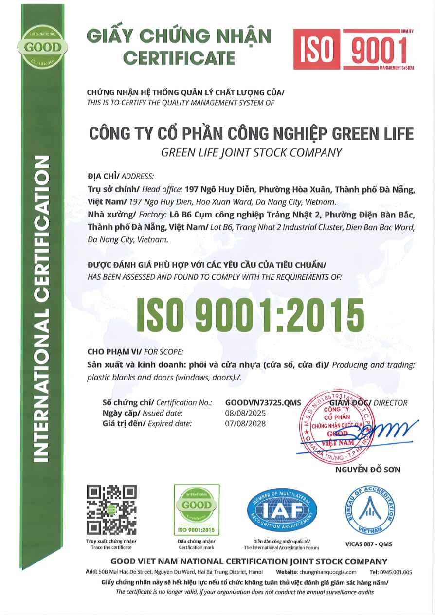 Giấy chứng nhận ISO 9001:2015 của Công ty Cổ phần Công nghiệp Green Life