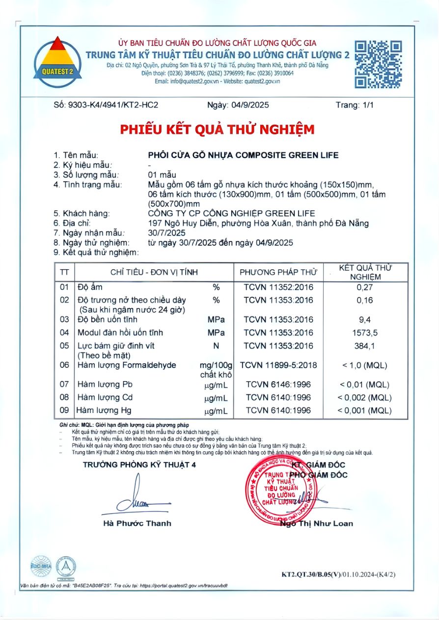 Phiếu kết quả thử nghiệm phôi cửa gỗ nhựa Green Life tại QUATEST 2