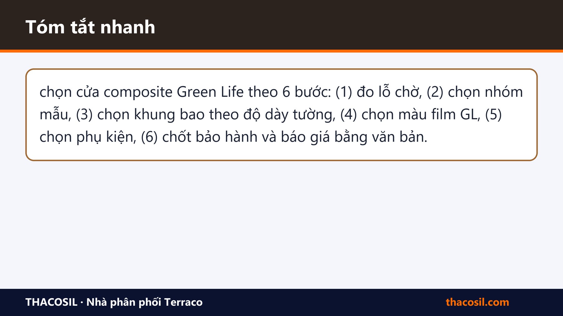 Bảng tóm tắt – Cách chọn cửa composite Greenlife: 6 bước dễ làm